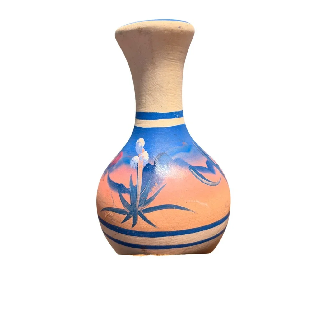 Hand Painted Southwestern Terracotta Vase Blue Peach Desert Landscape Cactus VTG